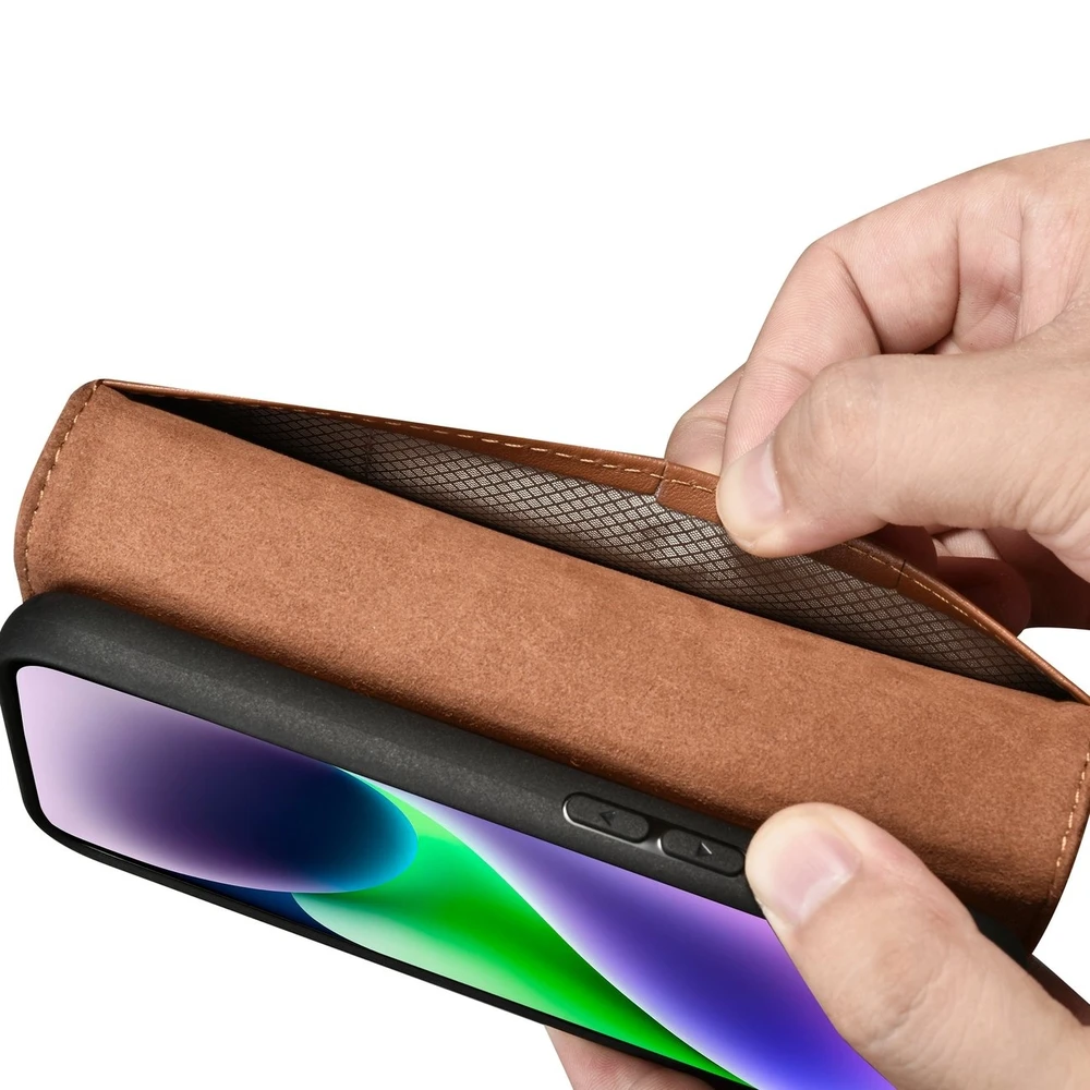 iCarer Wallet 2in1 Apple iPhone 14 Plus Anti-RFID Leather atverčiamas dėklas telefonui rudos spalvos (WMI14220727-BN)