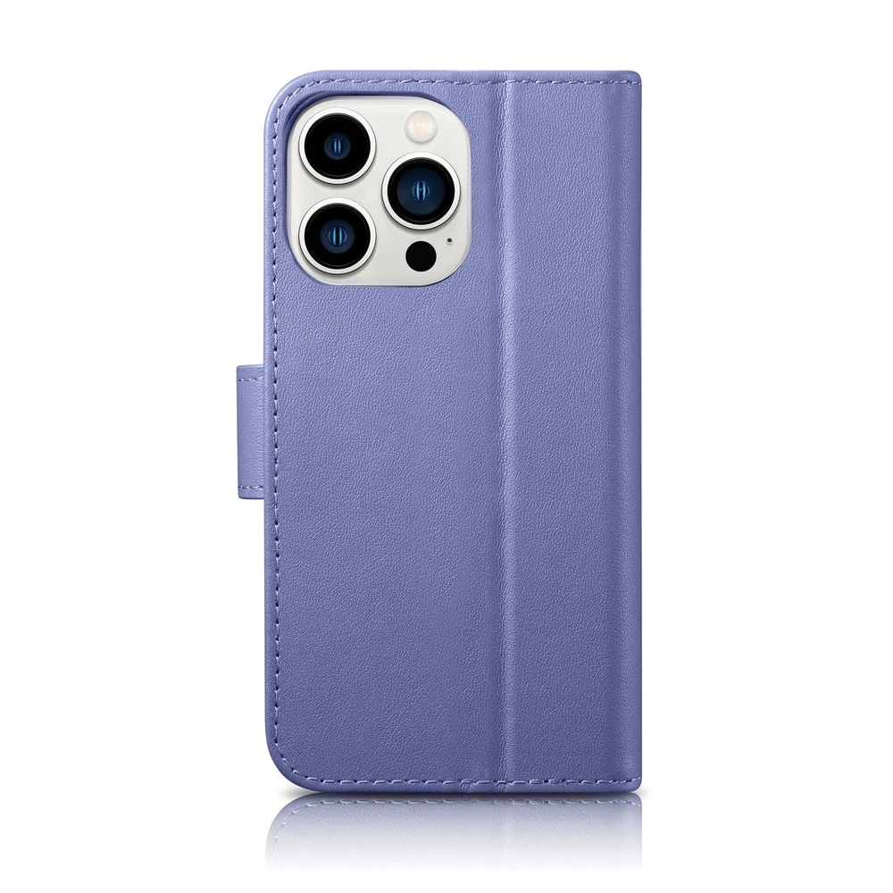 iCarer Wallet 2in1 Apple iPhone 14 Pro Anti-RFID Leather atverčiamas Light dėklas telefonui violetinės spalvos (WMI14220726-LP)