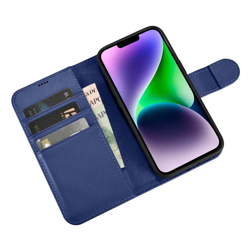 iCarer Wallet 2in1 Apple iPhone 14 Plus Anti-RFID Leather atverčiamas dėklas telefonui mėlynos spalvos (WMI14220727-BU)