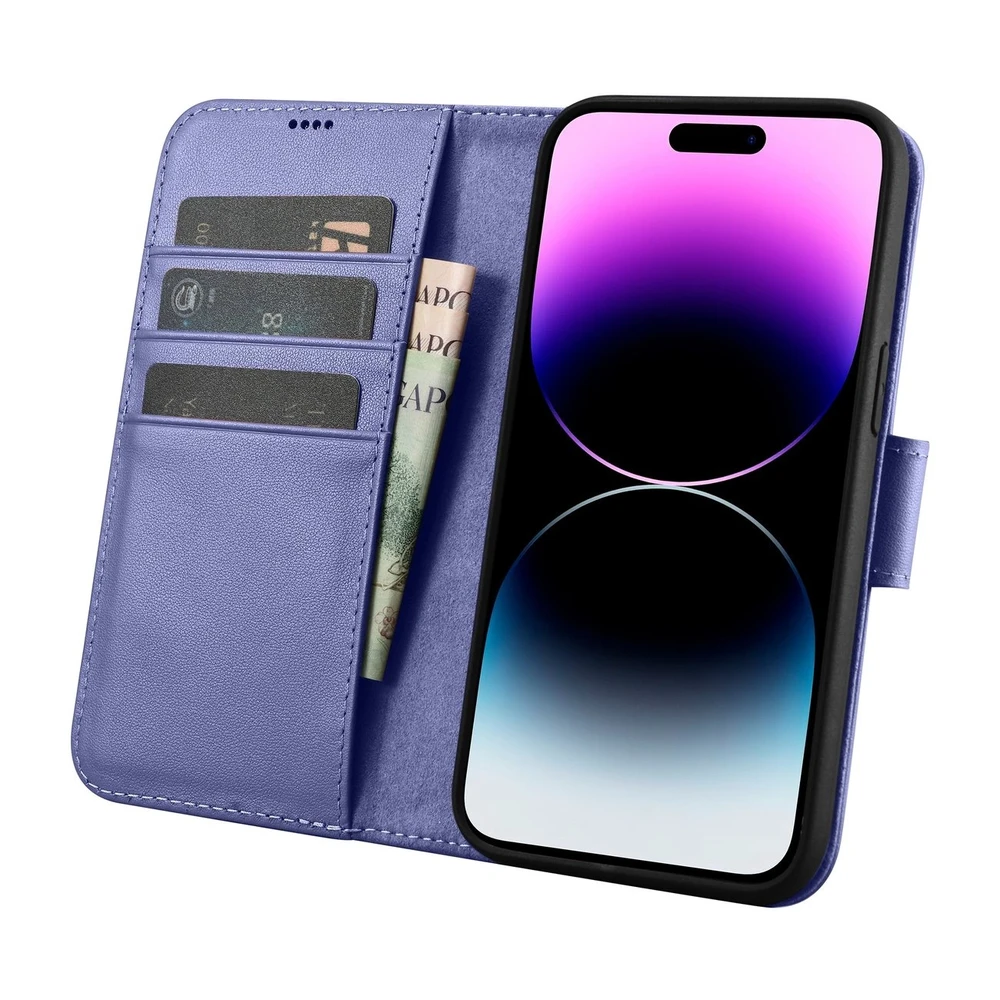 iCarer Wallet 2in1 Apple iPhone 14 Pro Anti-RFID Leather atverčiamas Light dėklas telefonui violetinės spalvos (WMI14220726-LP)