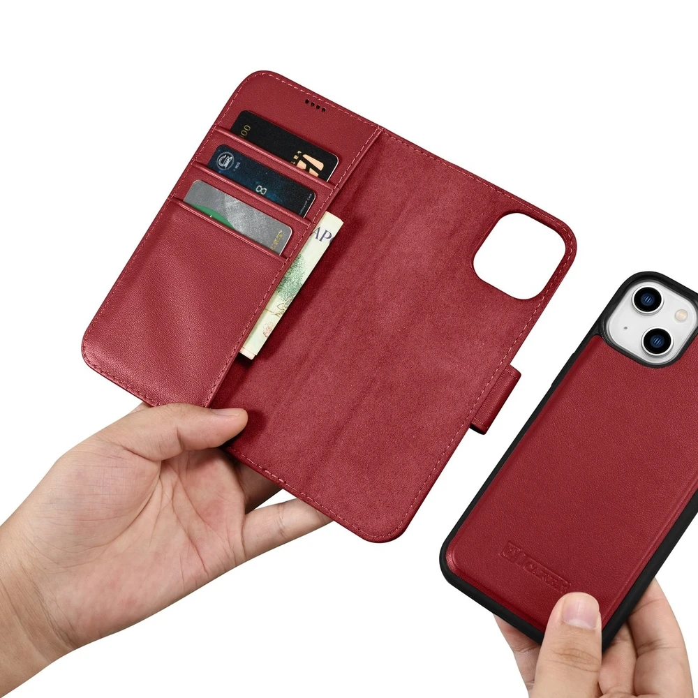 iCarer Wallet 2in1 Apple iPhone 14 Plus Anti-RFID Leather atverčiamas dėklas telefonui raudonos spalvos (WMI14220727-RD)