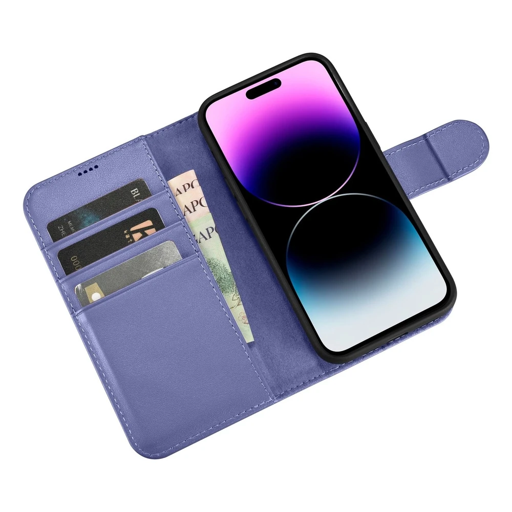 iCarer Wallet 2in1 Apple iPhone 14 Pro Max Leather atverčiamas Cover Anti-RFID Light dėklas telefonui violetinės spalvos (WMI14220728-LP)