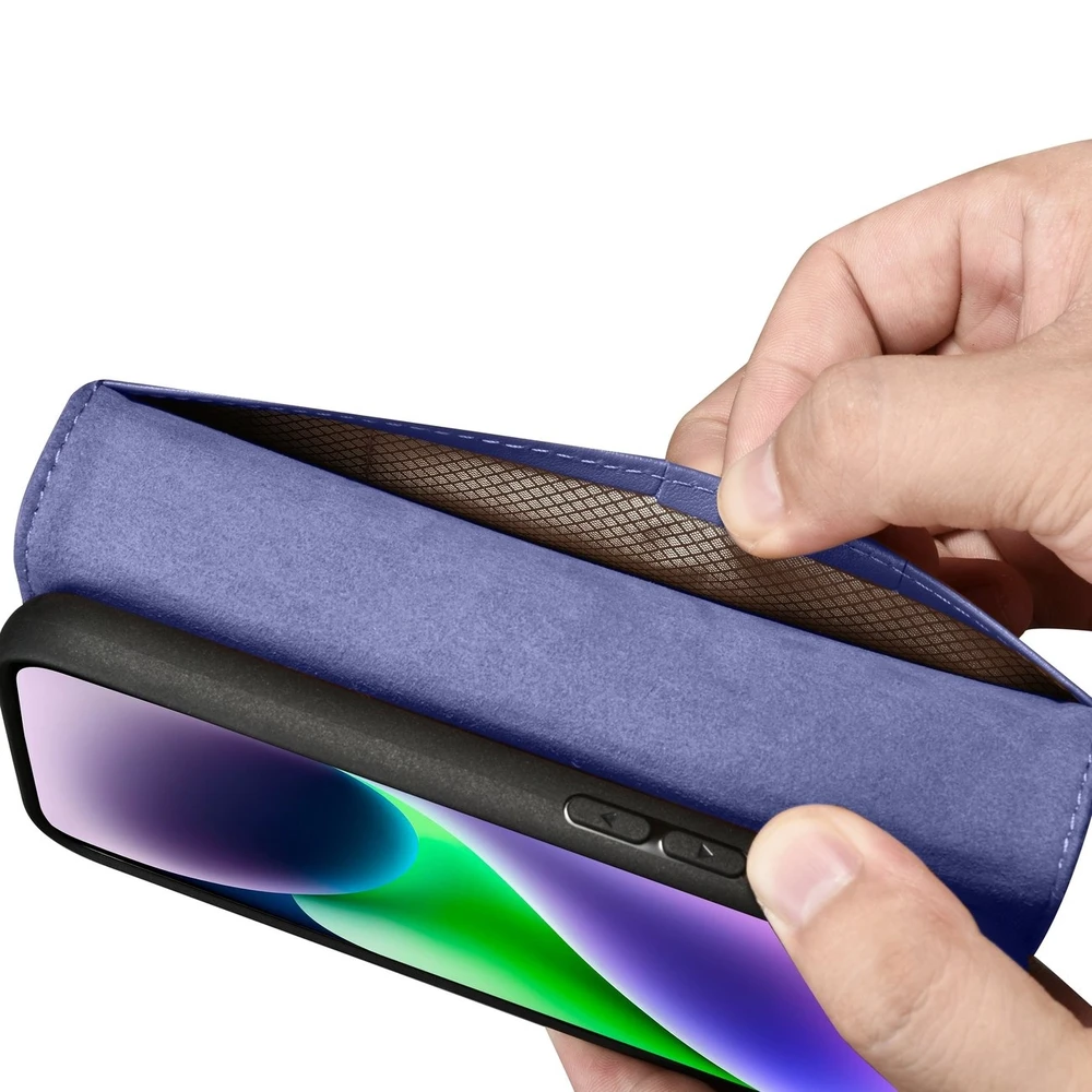 iCarer Wallet 2in1 Apple iPhone 14 Plus Anti-RFID Leather atverčiamas Light dėklas telefonui violetinės spalvos (WMI14220727-LP)
