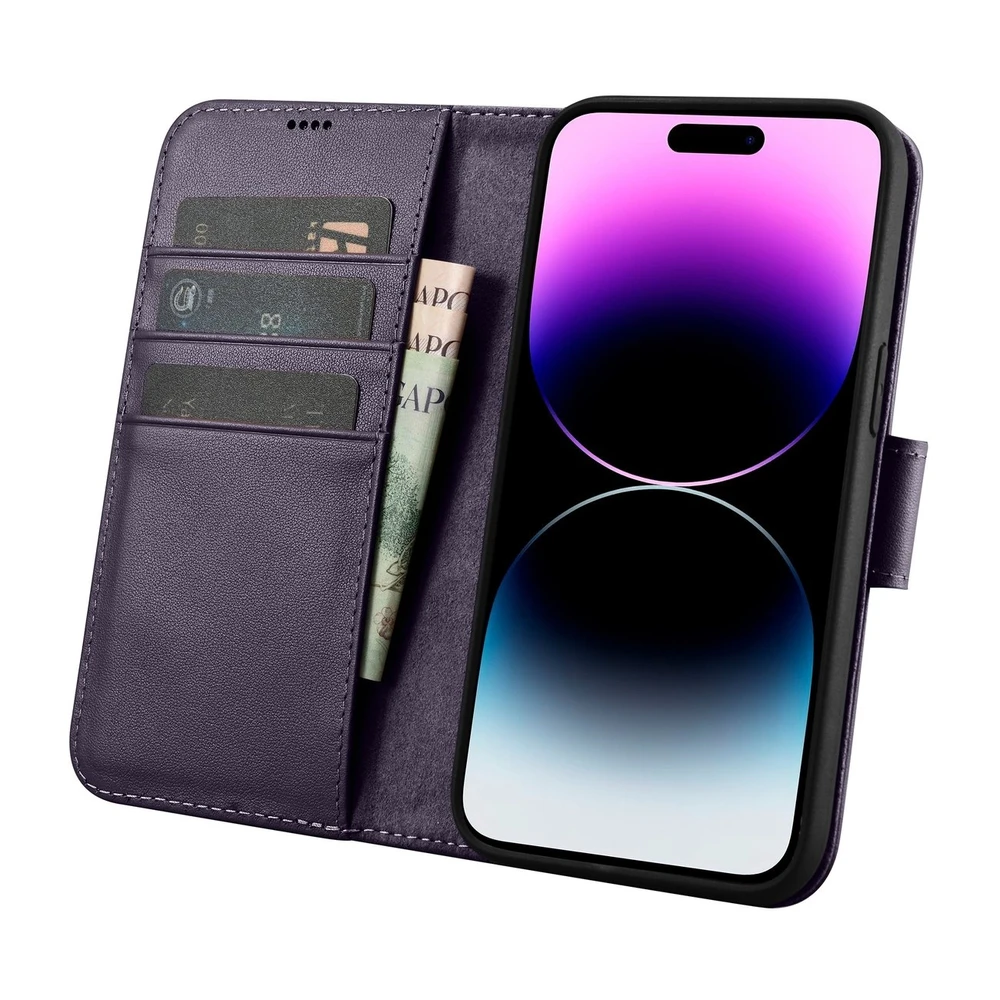 iCarer Wallet 2in1 Apple iPhone 14 Pro Anti-RFID Leather atverčiamas dėklas telefonui violetinės spalvos (WMI14220726-DP)
