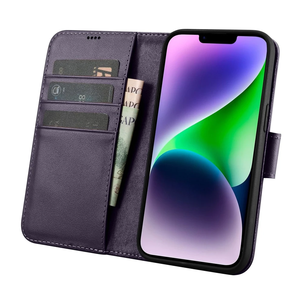 iCarer Wallet 2in1 Apple iPhone 14 Plus Anti-RFID Leather atverčiamas Dark dėklas telefonui violetinės spalvos (WMI14220727-DP)