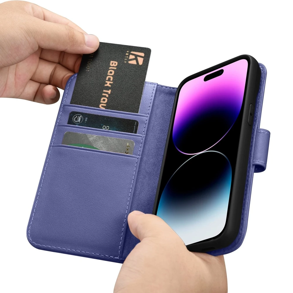 iCarer Wallet 2in1 Apple iPhone 14 Pro Anti-RFID Leather atverčiamas Light dėklas telefonui violetinės spalvos (WMI14220726-LP)