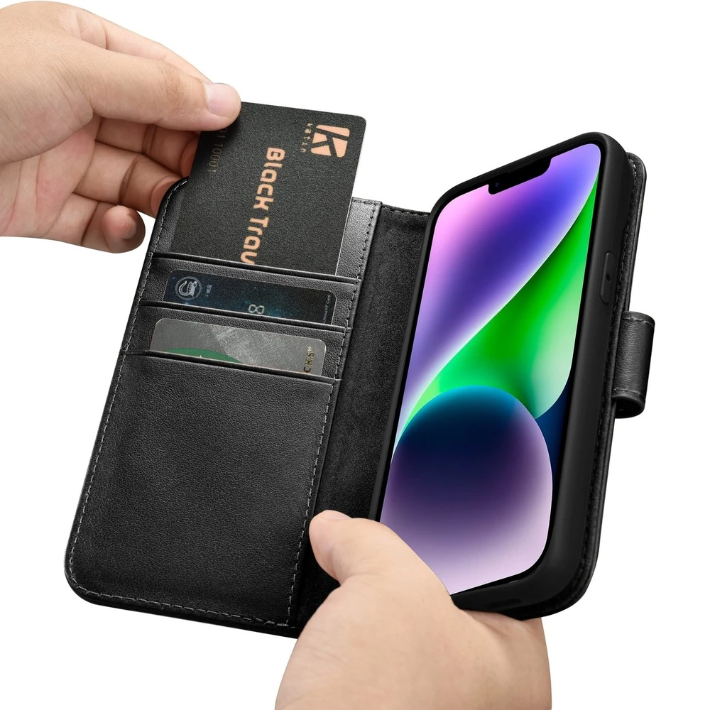 iCarer Wallet 2in1 Apple iPhone 14 Plus Anti-RFID Leather atverčiamas dėklas telefonui juodos spalvos (WMI14220727-BK)