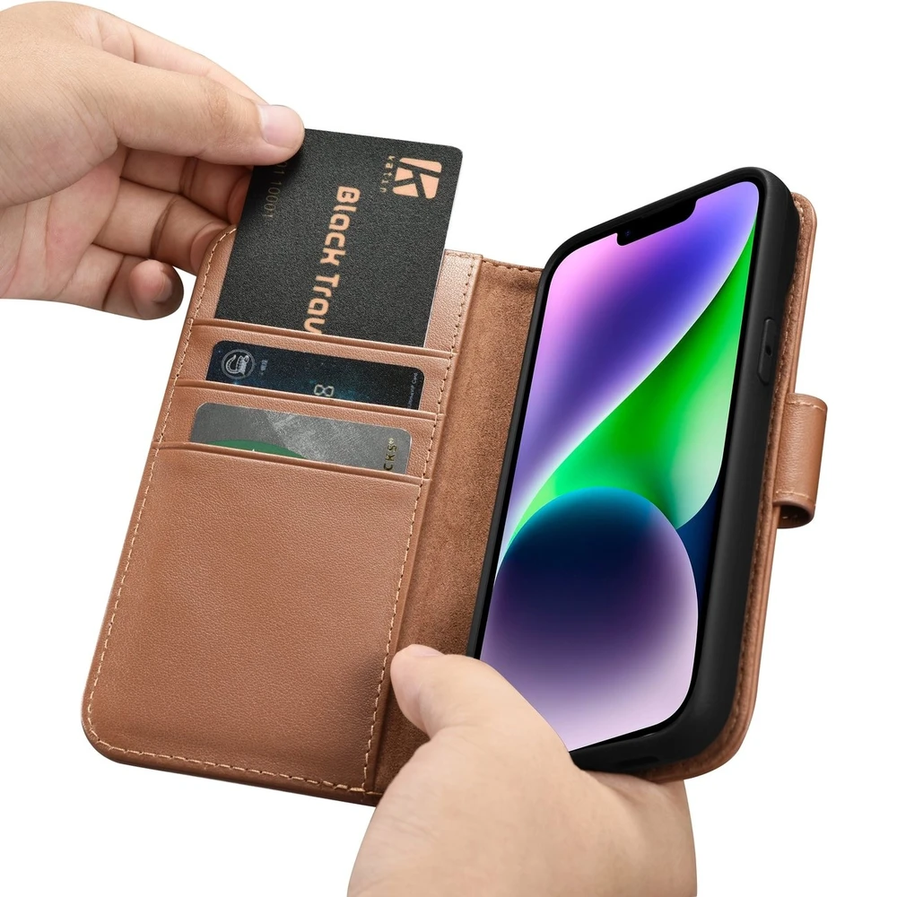 iCarer Wallet 2in1 Apple iPhone 14 Plus Anti-RFID Leather atverčiamas dėklas telefonui rudos spalvos (WMI14220727-BN)