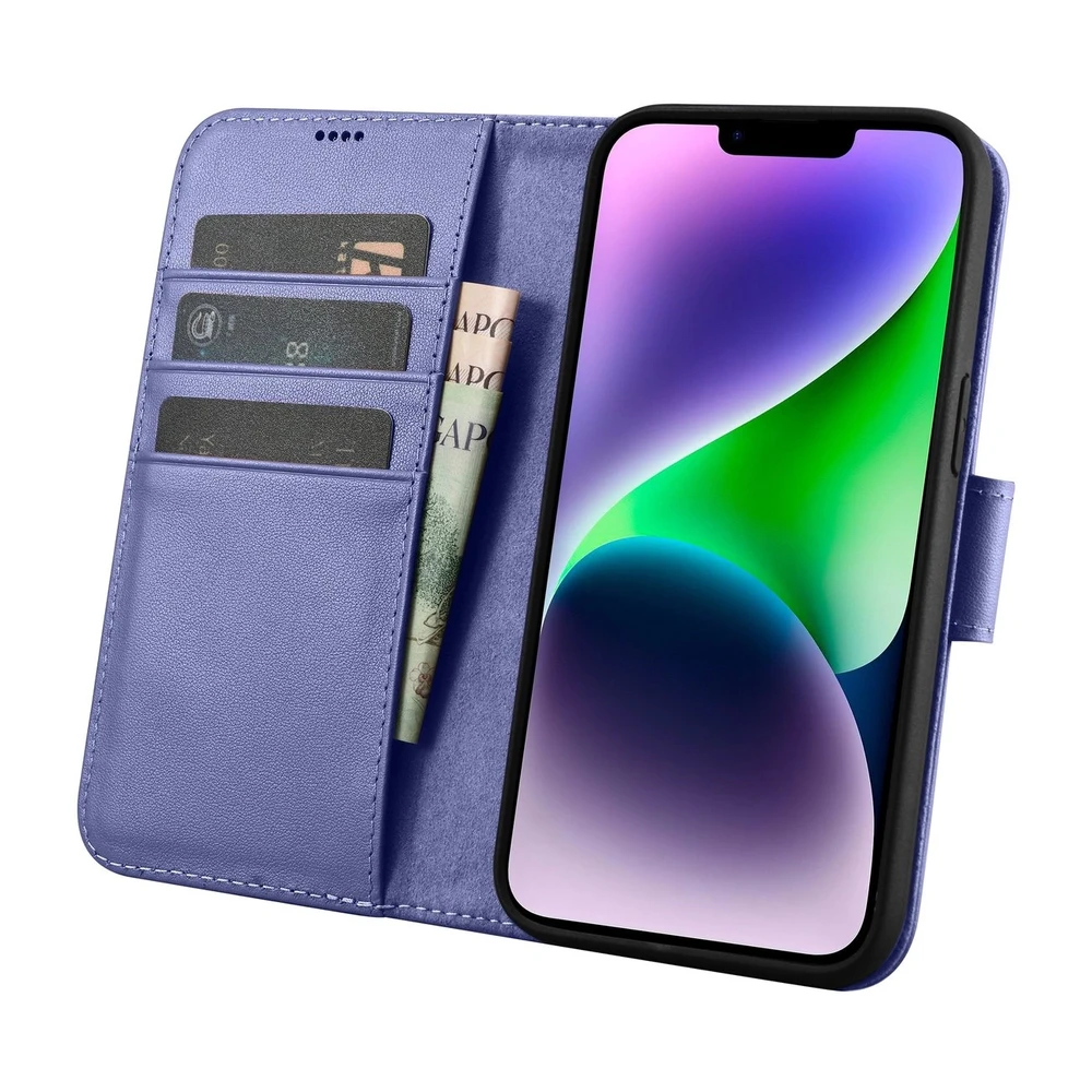 iCarer Wallet 2in1 Apple iPhone 14 Plus Anti-RFID Leather atverčiamas Light dėklas telefonui violetinės spalvos (WMI14220727-LP)