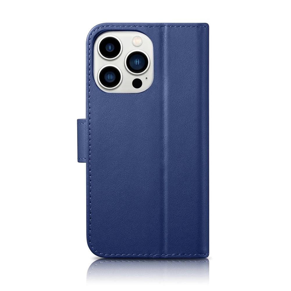 iCarer Wallet 2in1 Apple iPhone 14 Pro Max Leather atverčiamas Anti-RFID dėklas telefonui mėlynos spalvos (WMI14220728-BU)