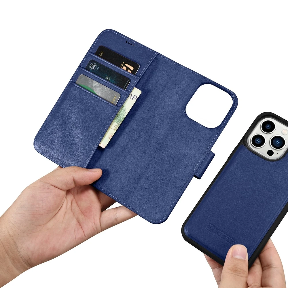 iCarer Wallet 2in1 Apple iPhone 14 Pro Leather atverčiamas Anti-RFID dėklas telefonui mėlynos spalvos (WMI14220726-BU)