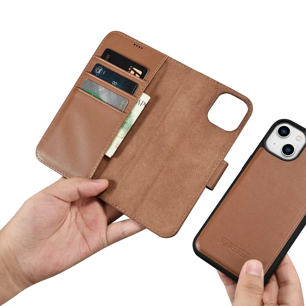 iCarer Wallet 2in1 Apple iPhone 14 Plus Anti-RFID Leather atverčiamas dėklas telefonui rudos spalvos (WMI14220727-BN)