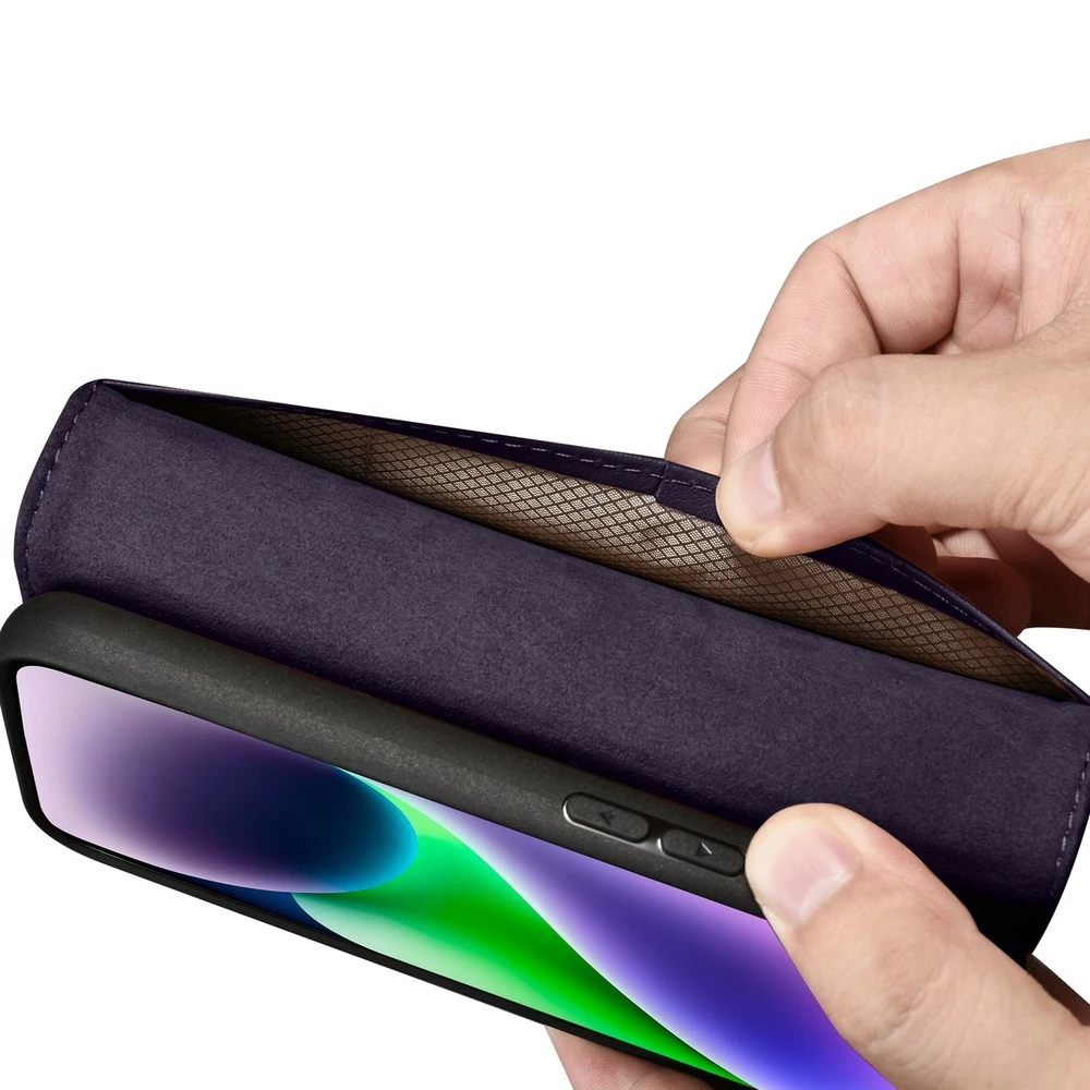 iCarer Wallet 2in1 Apple iPhone 14 Plus Anti-RFID Leather atverčiamas Dark dėklas telefonui violetinės spalvos (WMI14220727-DP)
