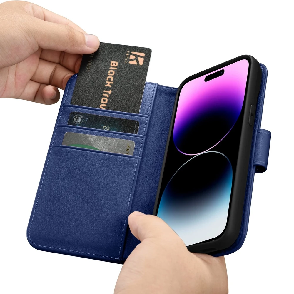 iCarer Wallet 2in1 Apple iPhone 14 Pro Max Leather atverčiamas Anti-RFID dėklas telefonui mėlynos spalvos (WMI14220728-BU)