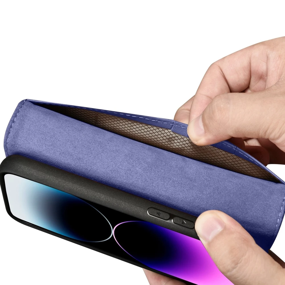 iCarer Wallet 2in1 Apple iPhone 14 Pro Anti-RFID Leather atverčiamas Light dėklas telefonui violetinės spalvos (WMI14220726-LP)
