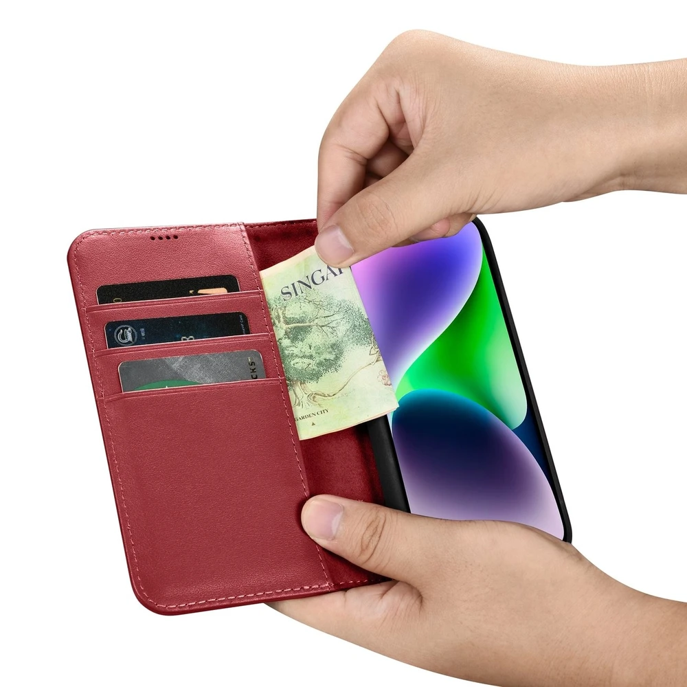 iCarer Wallet 2in1 Apple iPhone 14 Plus Anti-RFID Leather atverčiamas dėklas telefonui raudonos spalvos (WMI14220727-RD)