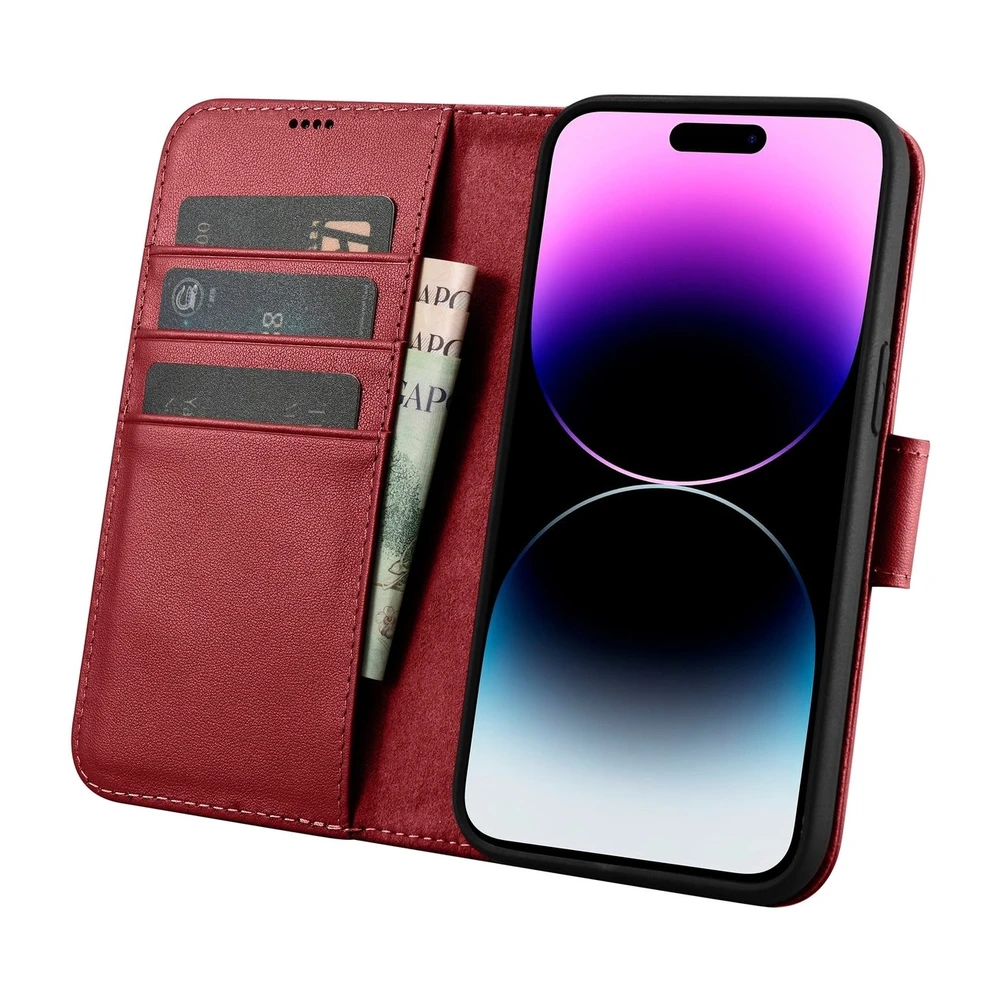 iCarer Wallet 2in1 Apple iPhone 14 Pro Max Leather atverčiamas Anti-RFID dėklas telefonui raudonos spalvos (WMI14220728-RD)
