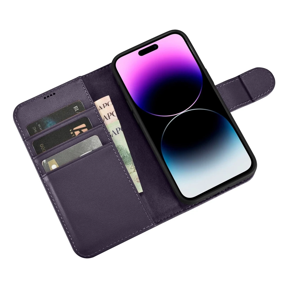 iCarer Wallet 2in1 Apple iPhone 14 Pro Anti-RFID Leather atverčiamas dėklas telefonui violetinės spalvos (WMI14220726-DP)