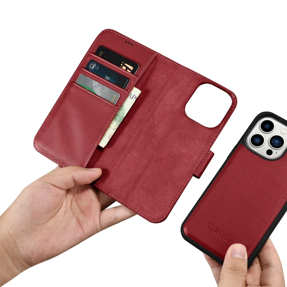 iCarer Wallet 2in1 Apple iPhone 14 Pro Max Leather atverčiamas Anti-RFID dėklas telefonui raudonos spalvos (WMI14220728-RD)