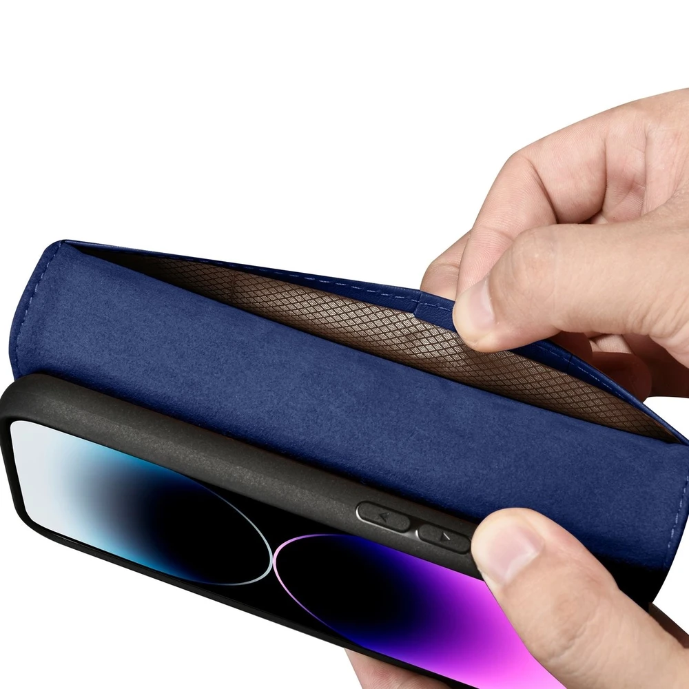 iCarer Wallet 2in1 Apple iPhone 14 Pro Leather atverčiamas Anti-RFID dėklas telefonui mėlynos spalvos (WMI14220726-BU)