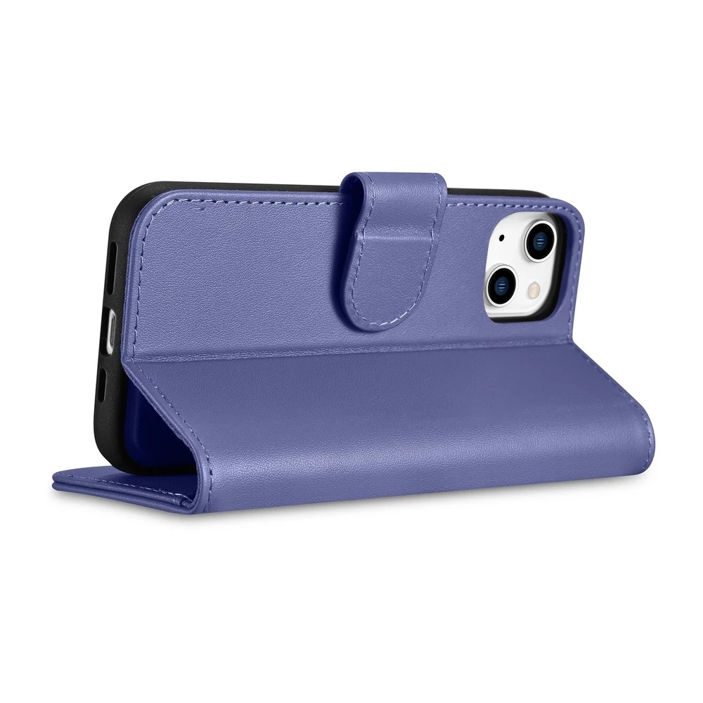 iCarer Wallet 2in1 Apple iPhone 14 Plus Anti-RFID Leather atverčiamas Light dėklas telefonui violetinės spalvos (WMI14220727-LP)