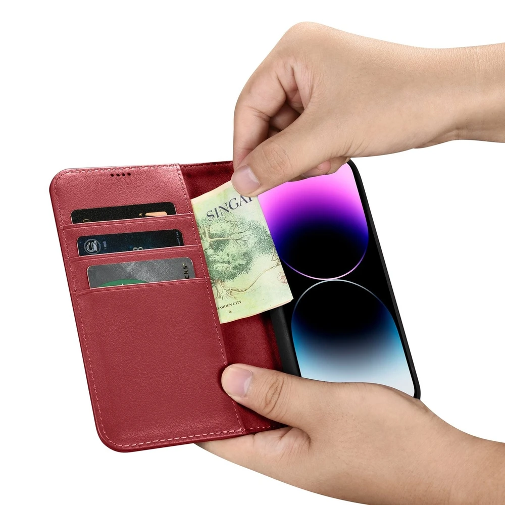 iCarer Wallet 2in1 Apple iPhone 14 Pro Max Leather atverčiamas Anti-RFID dėklas telefonui raudonos spalvos (WMI14220728-RD)