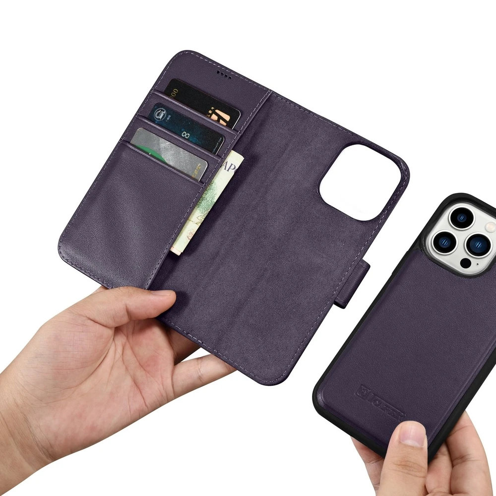 iCarer Wallet 2in1 Apple iPhone 14 Pro Anti-RFID Leather atverčiamas dėklas telefonui violetinės spalvos (WMI14220726-DP)