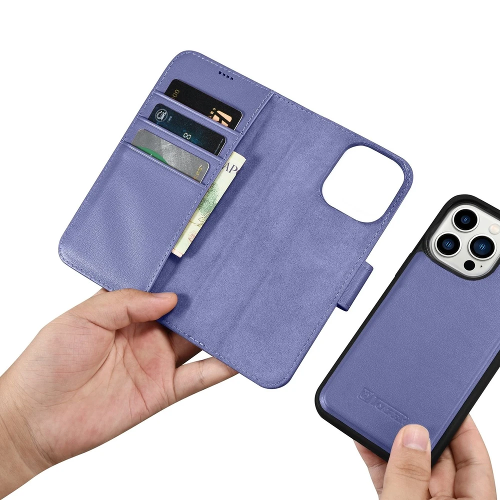 iCarer Wallet 2in1 Apple iPhone 14 Pro Anti-RFID Leather atverčiamas Light dėklas telefonui violetinės spalvos (WMI14220726-LP)