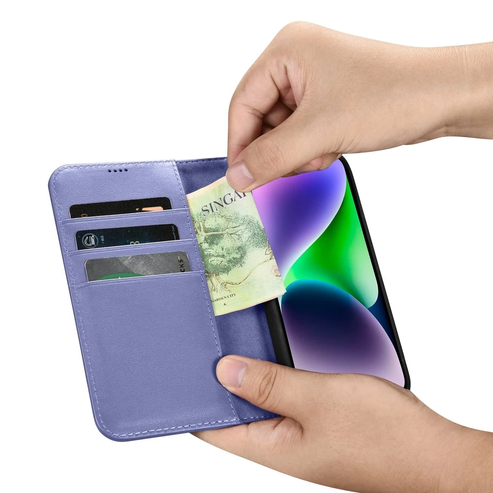 iCarer Wallet 2in1 Apple iPhone 14 Plus Anti-RFID Leather atverčiamas Light dėklas telefonui violetinės spalvos (WMI14220727-LP)