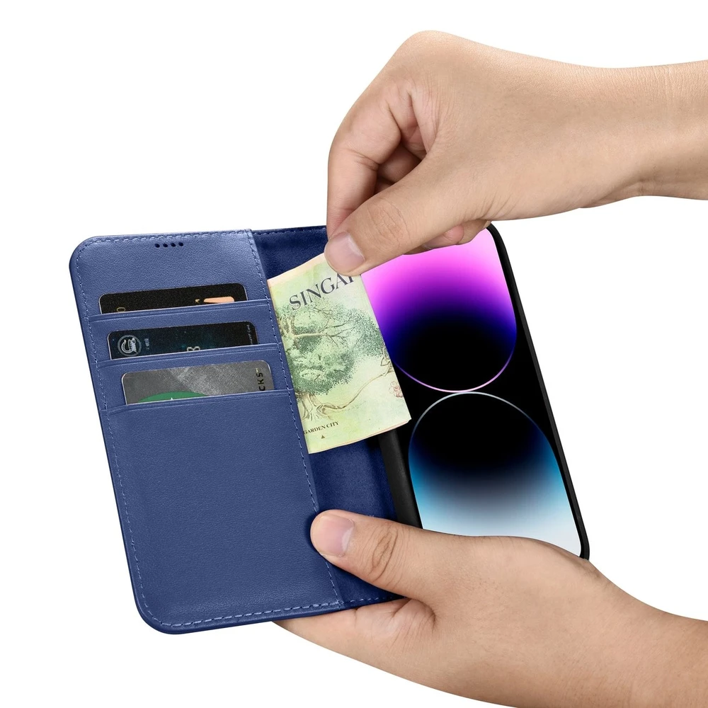 iCarer Wallet 2in1 Apple iPhone 14 Pro Max Leather atverčiamas Anti-RFID dėklas telefonui mėlynos spalvos (WMI14220728-BU)