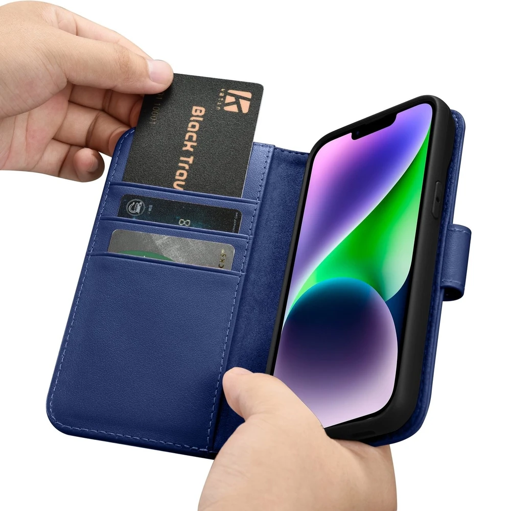 iCarer Wallet 2in1 Apple iPhone 14 Plus Anti-RFID Leather atverčiamas dėklas telefonui mėlynos spalvos (WMI14220727-BU)