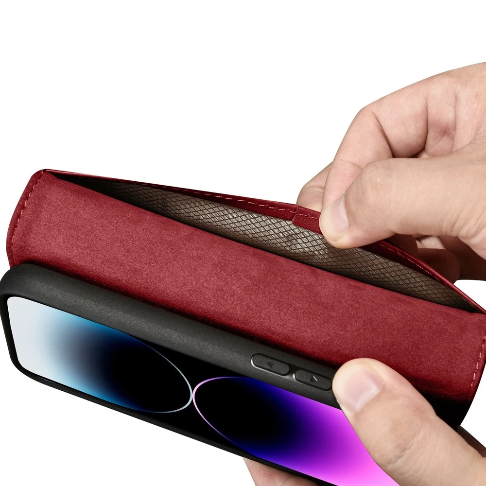 iCarer Wallet 2in1 Apple iPhone 14 Pro Max Leather atverčiamas Anti-RFID dėklas telefonui raudonos spalvos (WMI14220728-RD)