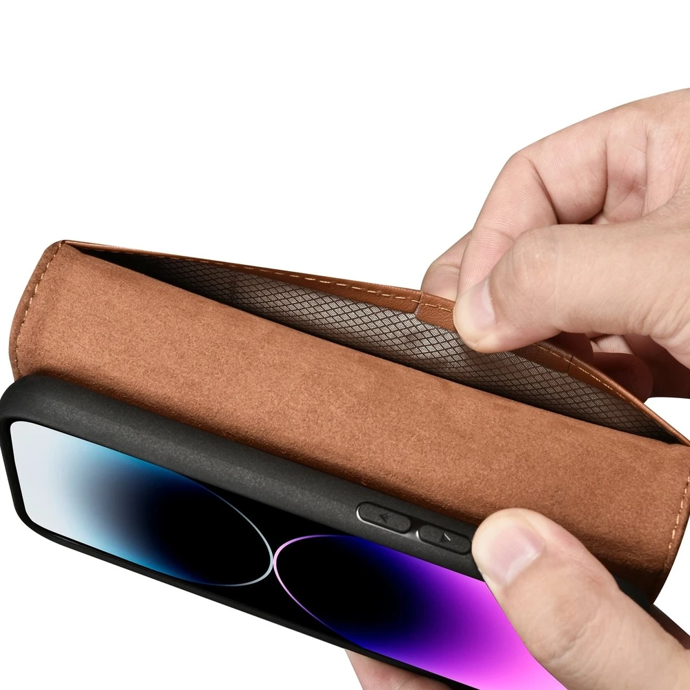 iCarer Wallet 2in1 Apple iPhone 14 Pro Leather atverčiamas Anti-RFID dėklas telefonui rudos spalvos (WMI14220726-BN)