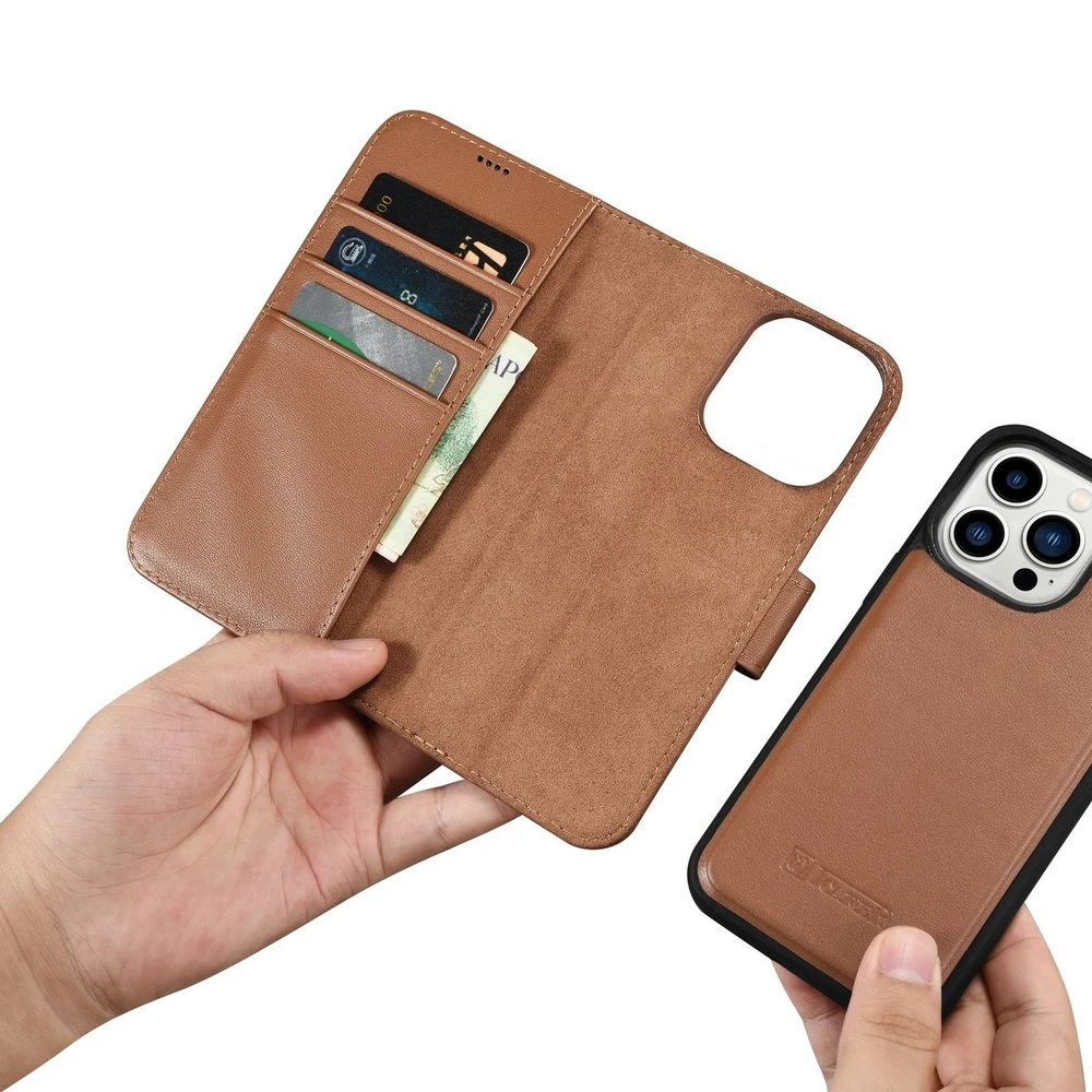 iCarer Wallet 2in1 Apple iPhone 14 Pro Leather atverčiamas Anti-RFID dėklas telefonui rudos spalvos (WMI14220726-BN)