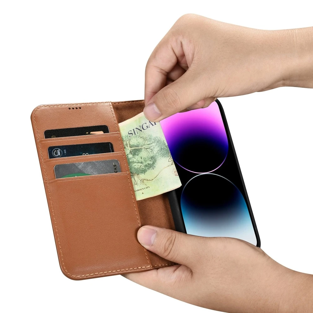 iCarer Wallet 2in1 Apple iPhone 14 Pro Leather atverčiamas Anti-RFID dėklas telefonui rudos spalvos (WMI14220726-BN)