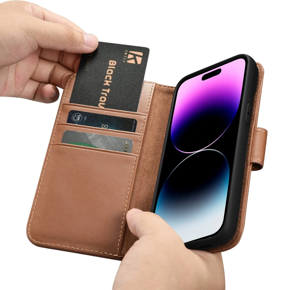 iCarer Wallet 2in1 Apple iPhone 14 Pro Leather atverčiamas Anti-RFID dėklas telefonui rudos spalvos (WMI14220726-BN)