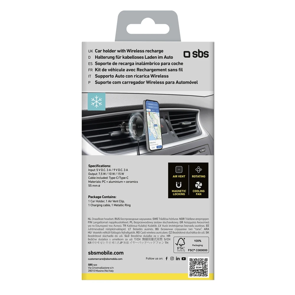 Telefono lakiklis su belaidžiu įkrovimu SBS TESUPFANWIR15W 15W for air vent, with cooling - juodas