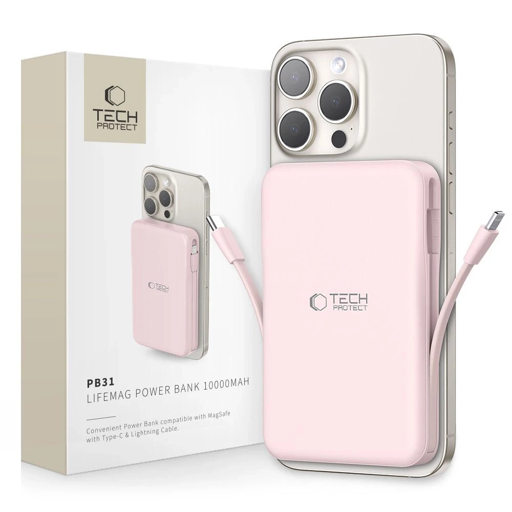 Išorinė baterija „Tech-Protect PB31 LifeMag MagSafe 10000 mAh“ – rožinė