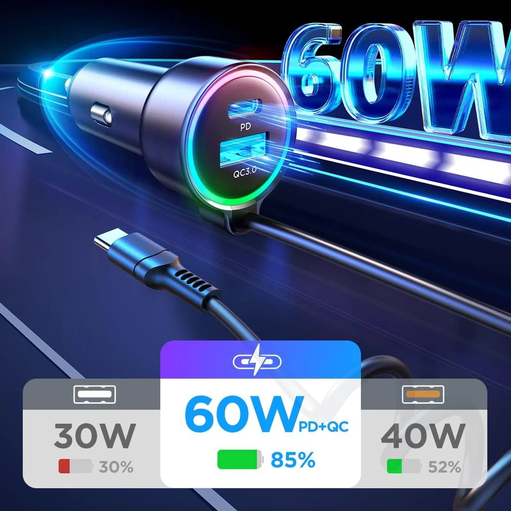 Įkroviklis automobilinis Joyroom (JR-CL07) 3IN1 (1xUSB, 1xUSB-C 1.6M 72W) su Type-C laidu juodas