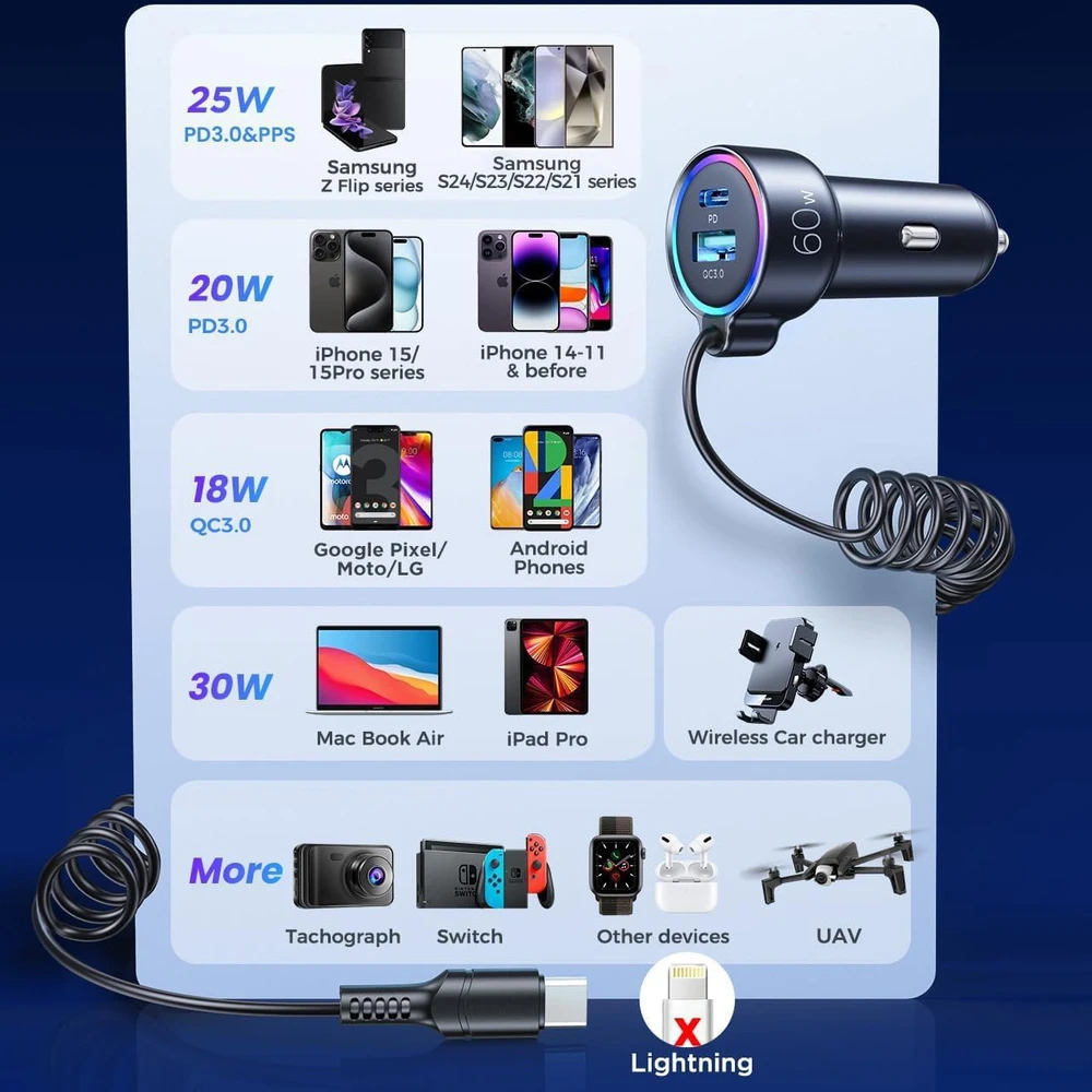 Įkroviklis automobilinis Joyroom (JR-CL07) 3IN1 (1xUSB, 1xUSB-C 1.6M 72W) su Type-C laidu juodas