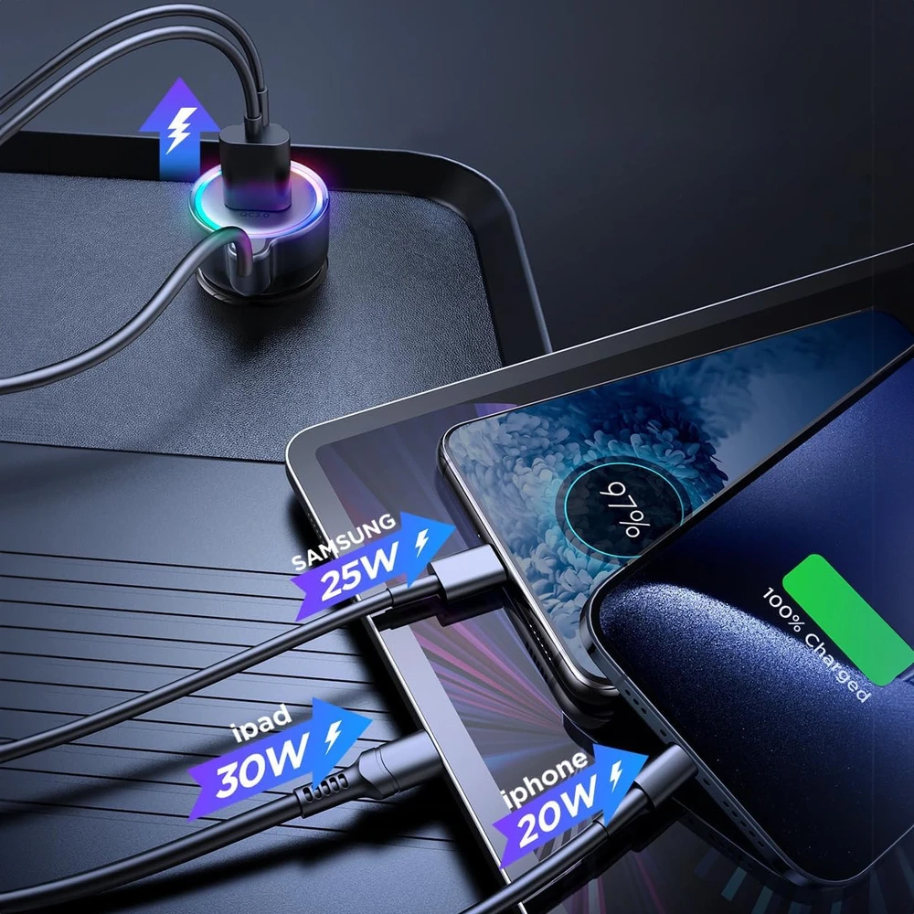 Įkroviklis automobilinis Joyroom (JR-CL07) 3IN1 (1xUSB, 1xUSB-C 1.6M 72W) su Type-C laidu juodas