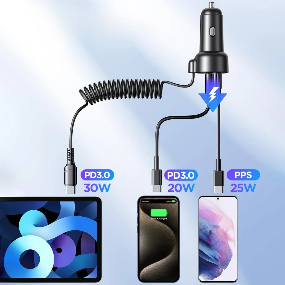 Įkroviklis automobilinis Joyroom (JR-CL07) 3IN1 (1xUSB, 1xUSB-C 1.6M 72W) su Type-C laidu juodas