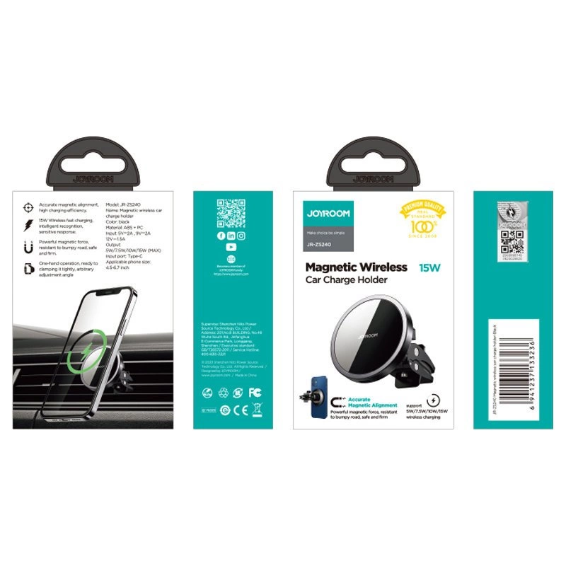 Joyroom automobilinis magnetinis laikiklis Qi belaidis indukcinis įkroviklis 15W (MagSafe suderinamas su iPhone) Juodas (JR-ZS240) (Atnaujinta)