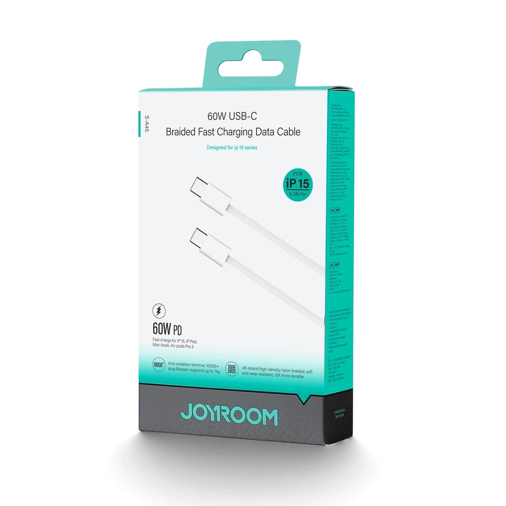 USB kabelis Joyroom S-A45 USB-C į USB-C 60W 1,0m baltas