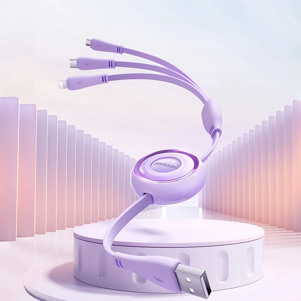 3 viename Joyroom Spalvingas USB į USB-C / Lightning / Micro USB laidas 3.5 A, 1 m (violetinė)