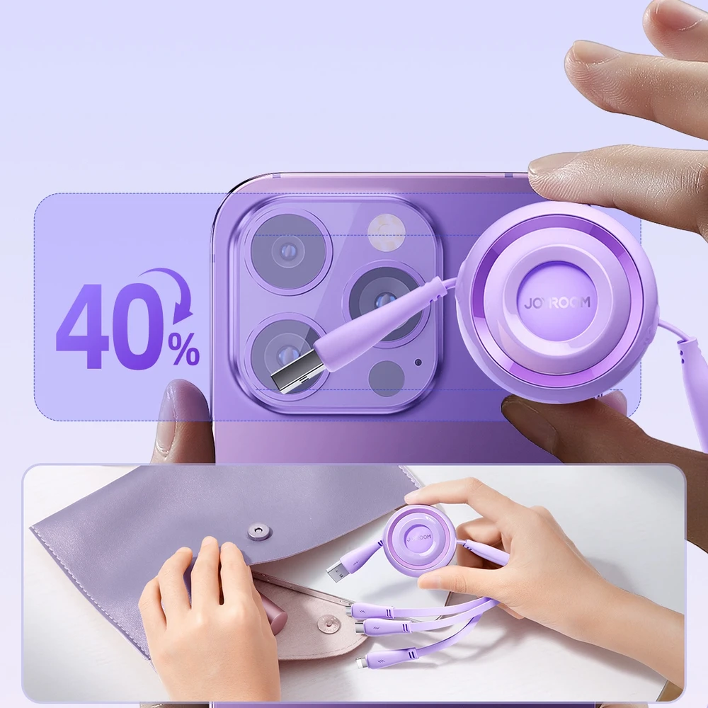 3 viename Joyroom Spalvingas USB į USB-C / Lightning / Micro USB laidas 3.5 A, 1 m (violetinė)