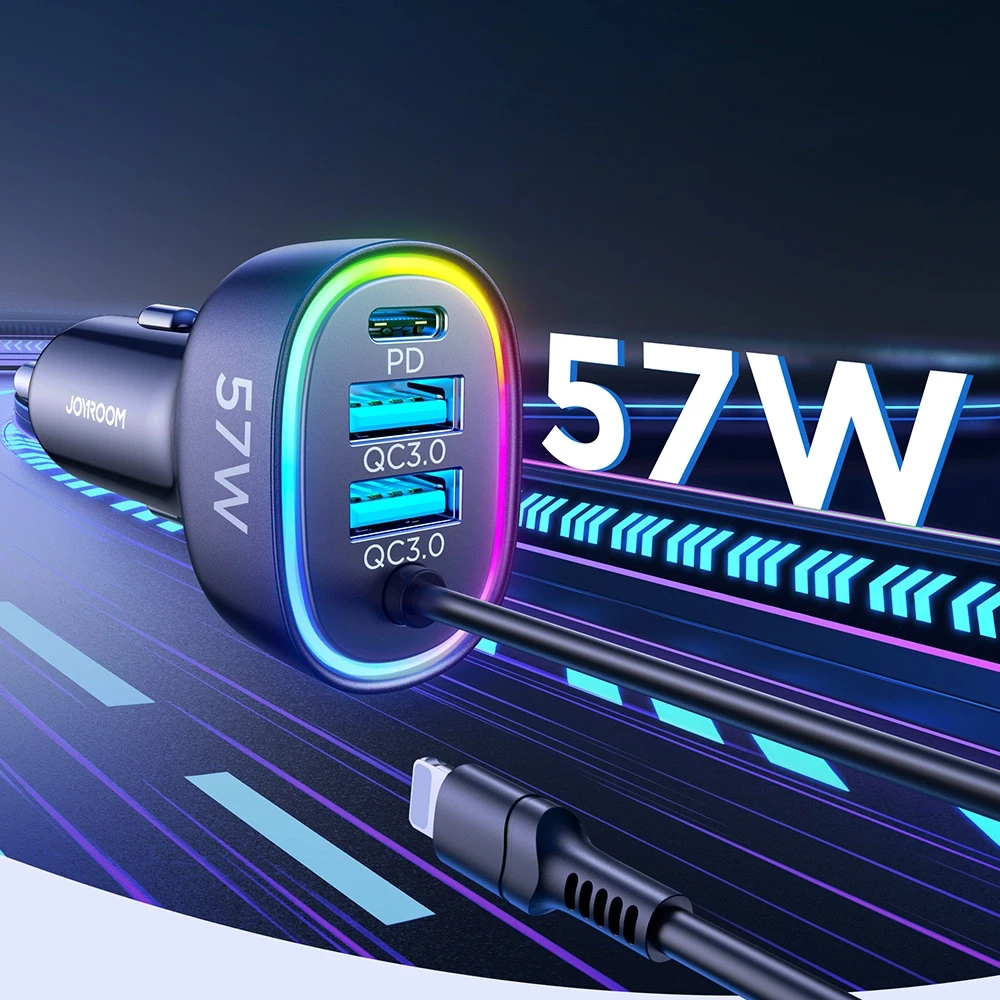 Automobilinis įkroviklis Joyroom JR-CL20, 2x USB + 2x Lightning, 57W + Lightning laidas (juodas)