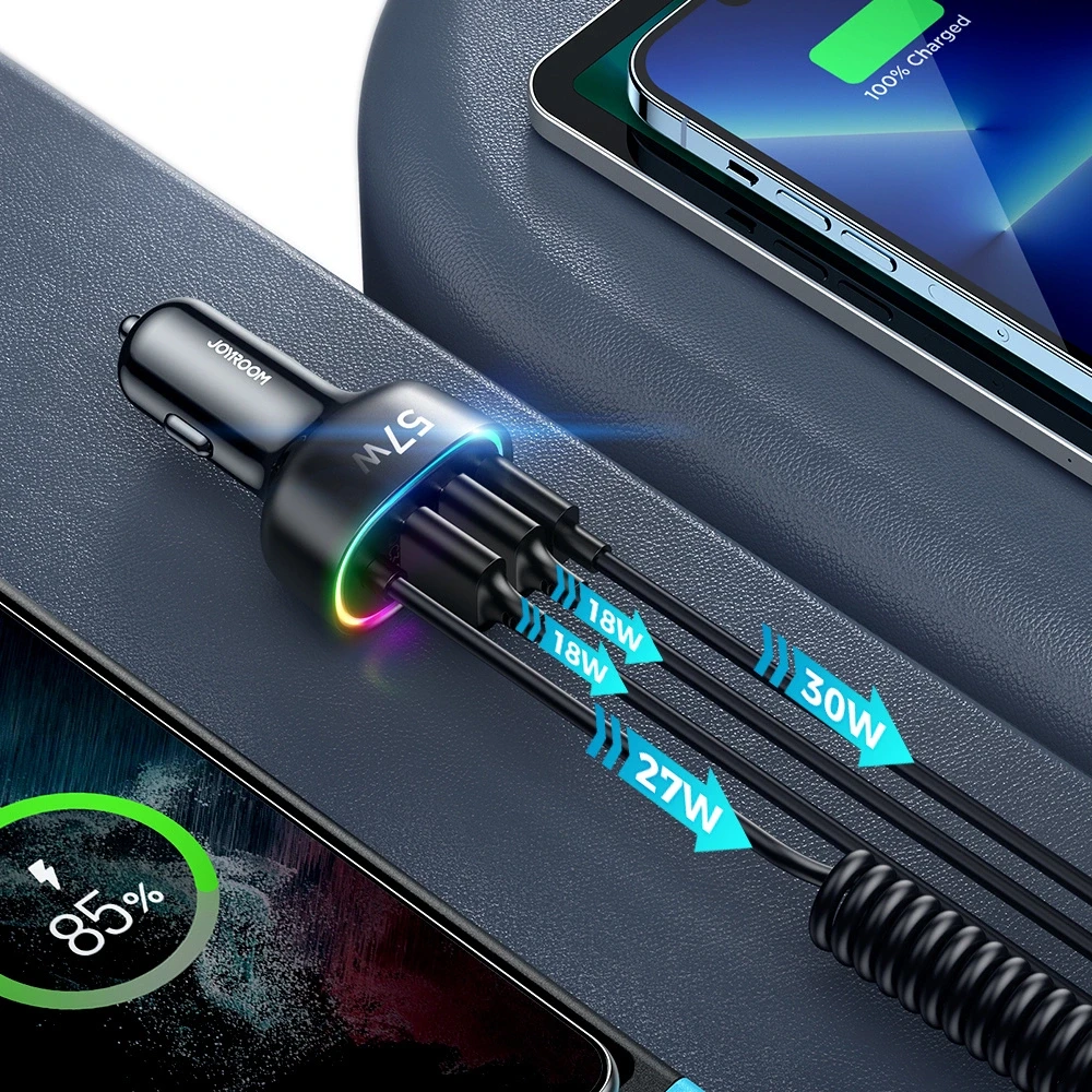 Automobilinis įkroviklis Joyroom JR-CL20, 2x USB + 2x Lightning, 57W + Lightning laidas (juodas)