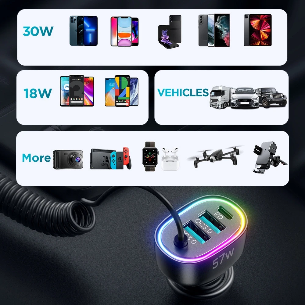 Automobilinis įkroviklis Joyroom JR-CL20, 2x USB + 2x Lightning, 57W + Lightning laidas (juodas)