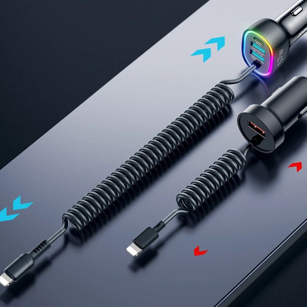 Automobilinis įkroviklis Joyroom JR-CL20, 2x USB + 2x Lightning, 57W + Lightning laidas (juodas)